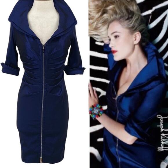 Joseph Ribkoff Dramatic Moldable Collar Sheath Dress Zip Front Metallic Blue 10 - Picture 1 of 16